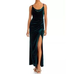 BCBGMAXAZRIA Cowl Sequin Green Velvet Front Slit Evening Gown Dress SZ S $398